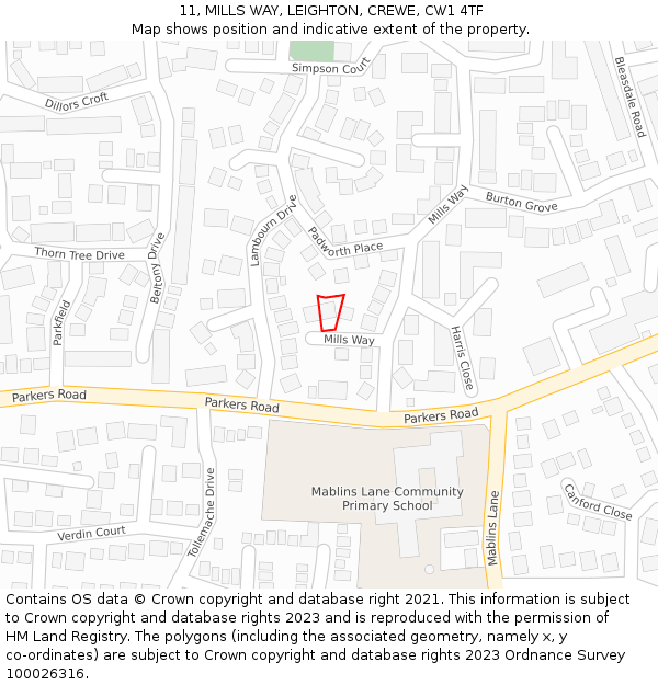 11, MILLS WAY, LEIGHTON, CREWE, CW1 4TF: Location map and indicative extent of plot