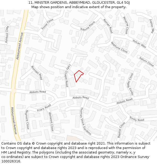 11, MINSTER GARDENS, ABBEYMEAD, GLOUCESTER, GL4 5GJ: Location map and indicative extent of plot