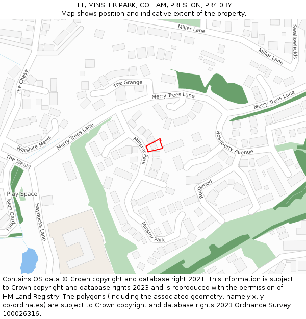 11, MINSTER PARK, COTTAM, PRESTON, PR4 0BY: Location map and indicative extent of plot