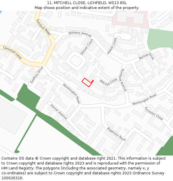11, MITCHELL CLOSE, LICHFIELD, WS13 8SL: Location map and indicative extent of plot
