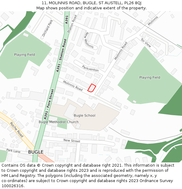 11, MOLINNIS ROAD, BUGLE, ST AUSTELL, PL26 8QJ: Location map and indicative extent of plot