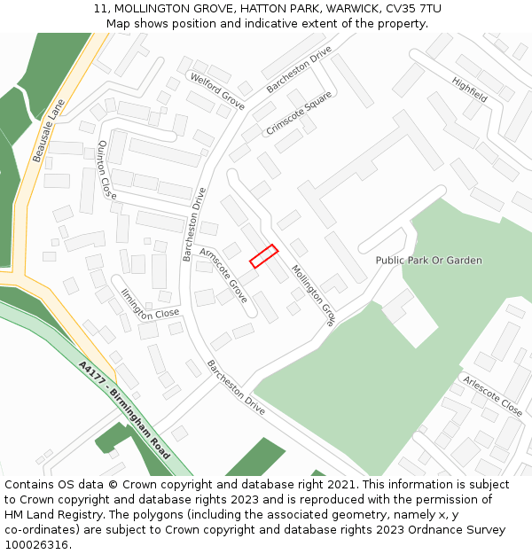 11, MOLLINGTON GROVE, HATTON PARK, WARWICK, CV35 7TU: Location map and indicative extent of plot