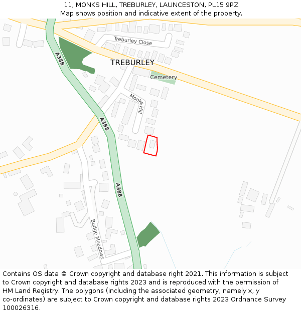 11, MONKS HILL, TREBURLEY, LAUNCESTON, PL15 9PZ: Location map and indicative extent of plot