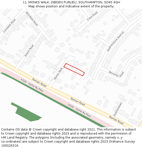 11, MONKS WALK, DIBDEN PURLIEU, SOUTHAMPTON, SO45 4QH: Location map and indicative extent of plot