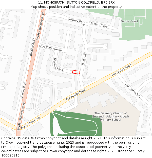 11, MONKSPATH, SUTTON COLDFIELD, B76 2RX: Location map and indicative extent of plot