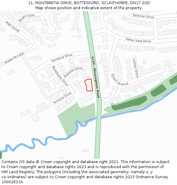 11, MONTBRETIA DRIVE, BOTTESFORD, SCUNTHORPE, DN17 2GD: Location map and indicative extent of plot
