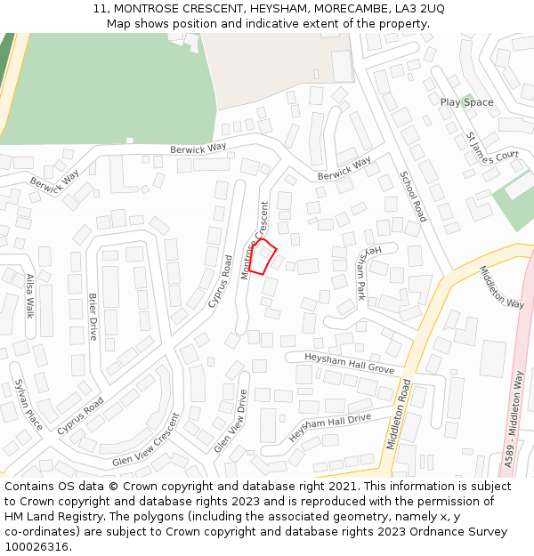 11, MONTROSE CRESCENT, HEYSHAM, MORECAMBE, LA3 2UQ: Location map and indicative extent of plot