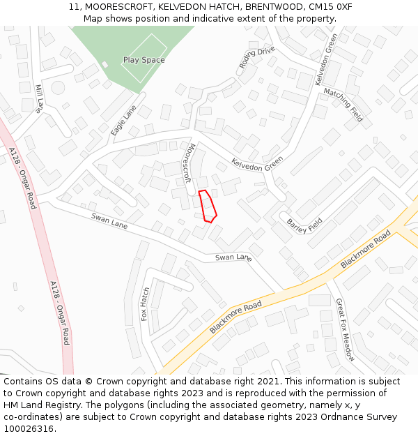 11, MOORESCROFT, KELVEDON HATCH, BRENTWOOD, CM15 0XF: Location map and indicative extent of plot