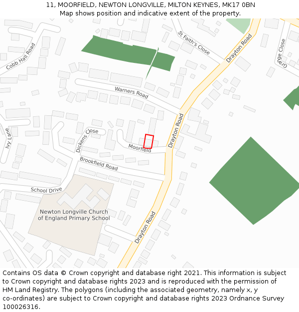 11, MOORFIELD, NEWTON LONGVILLE, MILTON KEYNES, MK17 0BN: Location map and indicative extent of plot