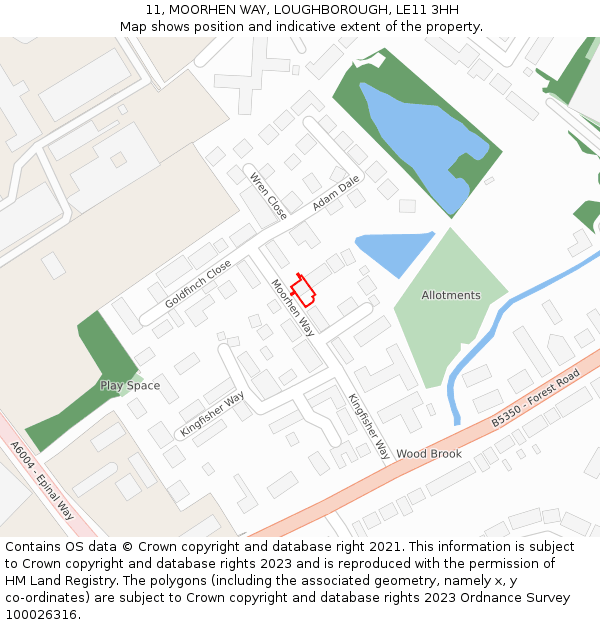 11, MOORHEN WAY, LOUGHBOROUGH, LE11 3HH: Location map and indicative extent of plot