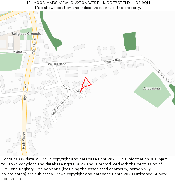 11, MOORLANDS VIEW, CLAYTON WEST, HUDDERSFIELD, HD8 9QH: Location map and indicative extent of plot