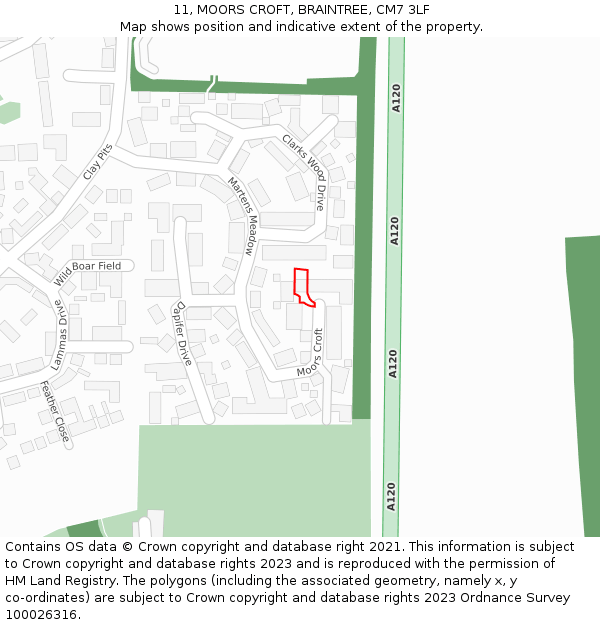 11, MOORS CROFT, BRAINTREE, CM7 3LF: Location map and indicative extent of plot