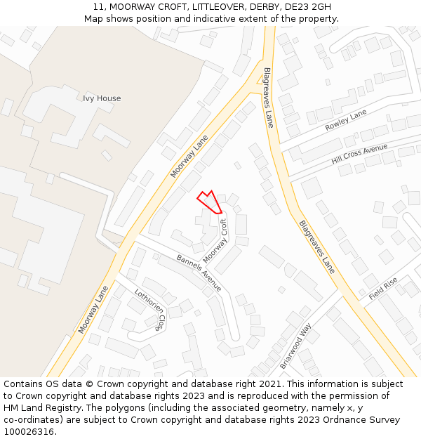 11, MOORWAY CROFT, LITTLEOVER, DERBY, DE23 2GH: Location map and indicative extent of plot