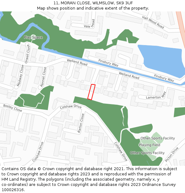 11, MORAN CLOSE, WILMSLOW, SK9 3UF: Location map and indicative extent of plot