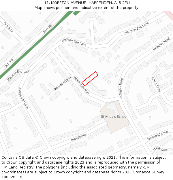 11, MORETON AVENUE, HARPENDEN, AL5 2EU: Location map and indicative extent of plot