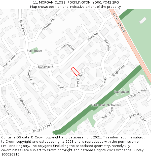 11, MORGAN CLOSE, POCKLINGTON, YORK, YO42 2PG: Location map and indicative extent of plot