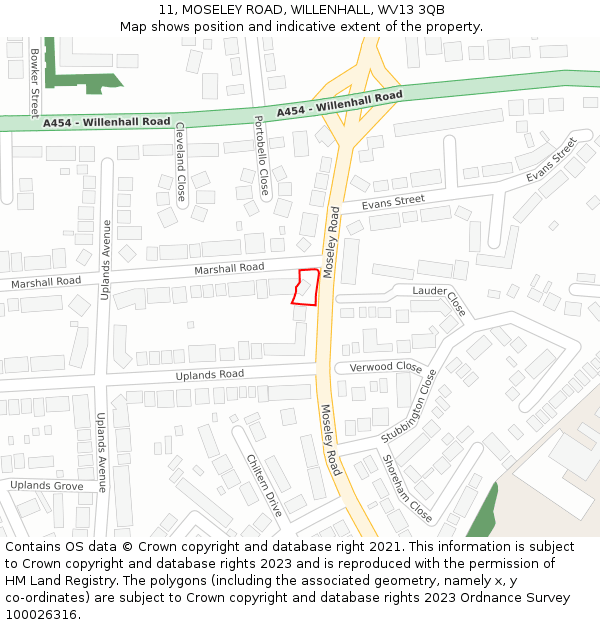 11, MOSELEY ROAD, WILLENHALL, WV13 3QB: Location map and indicative extent of plot