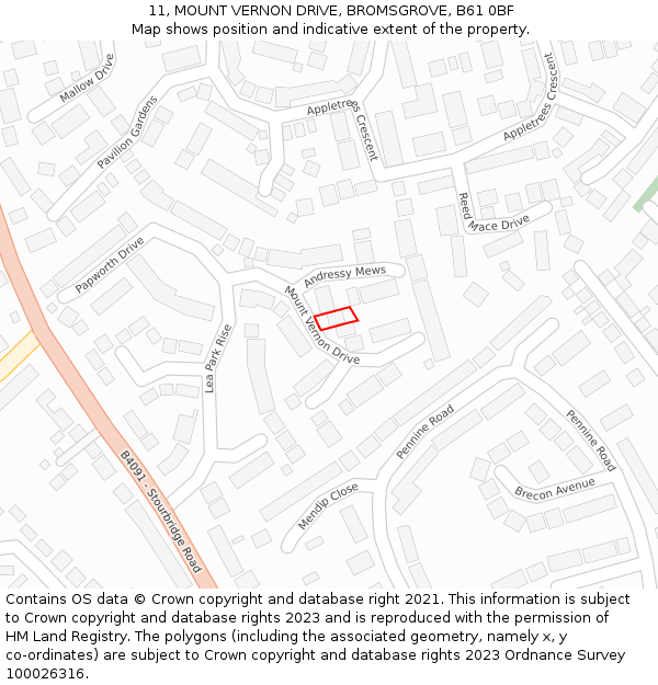 11, MOUNT VERNON DRIVE, BROMSGROVE, B61 0BF: Location map and indicative extent of plot