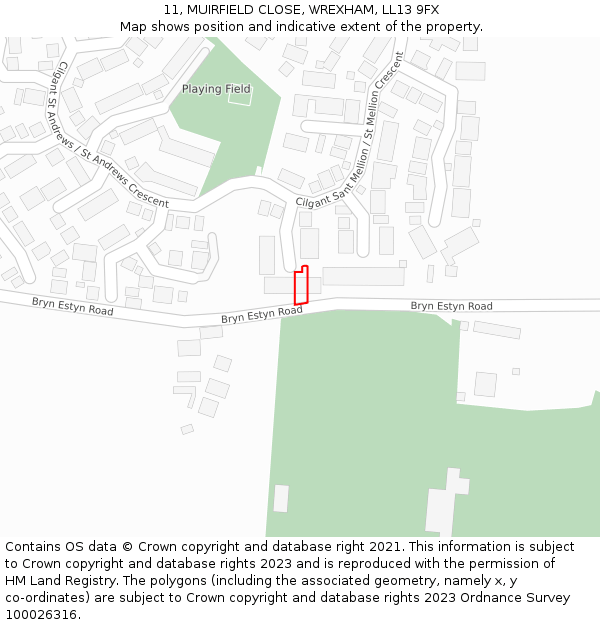 11, MUIRFIELD CLOSE, WREXHAM, LL13 9FX: Location map and indicative extent of plot