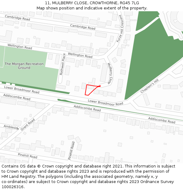 11, MULBERRY CLOSE, CROWTHORNE, RG45 7LG: Location map and indicative extent of plot