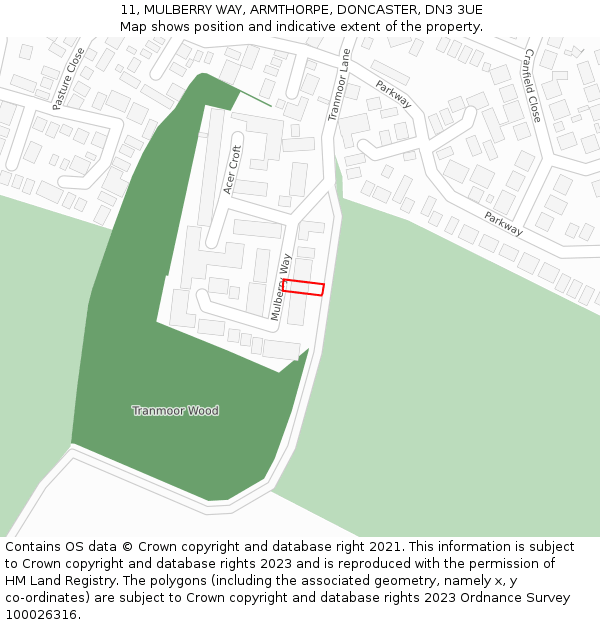 11, MULBERRY WAY, ARMTHORPE, DONCASTER, DN3 3UE: Location map and indicative extent of plot