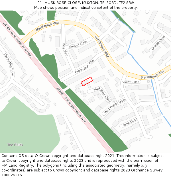 11, MUSK ROSE CLOSE, MUXTON, TELFORD, TF2 8RW: Location map and indicative extent of plot