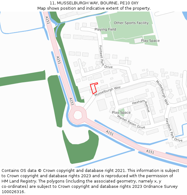 11, MUSSELBURGH WAY, BOURNE, PE10 0XY: Location map and indicative extent of plot