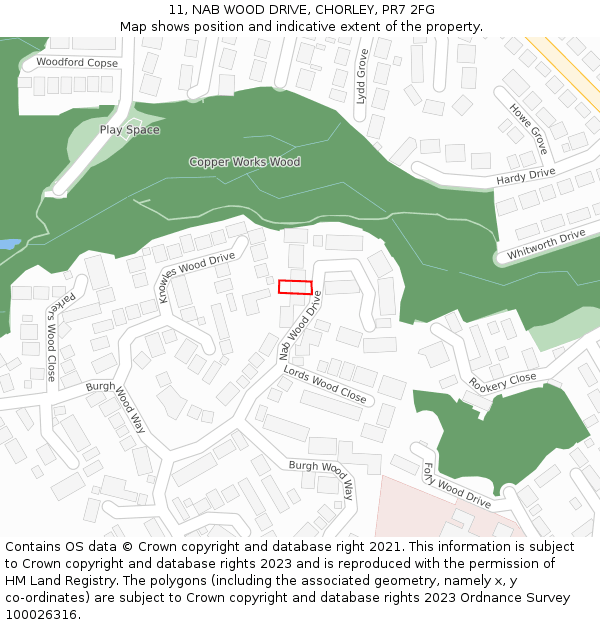 11, NAB WOOD DRIVE, CHORLEY, PR7 2FG: Location map and indicative extent of plot