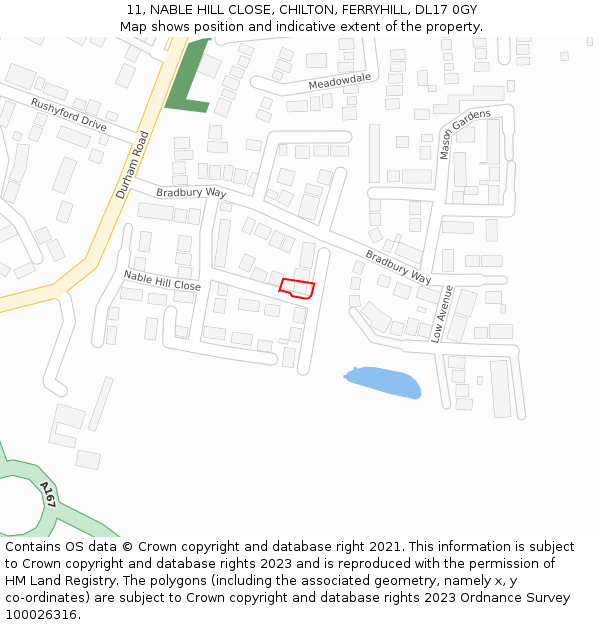 11, NABLE HILL CLOSE, CHILTON, FERRYHILL, DL17 0GY: Location map and indicative extent of plot