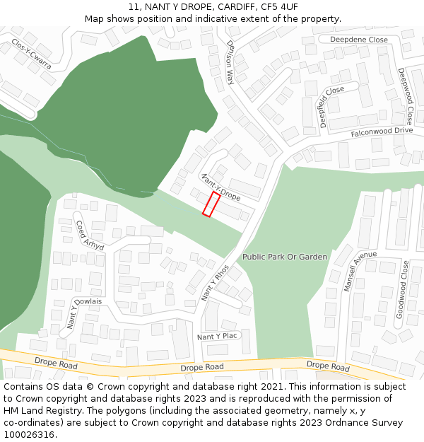 11, NANT Y DROPE, CARDIFF, CF5 4UF: Location map and indicative extent of plot