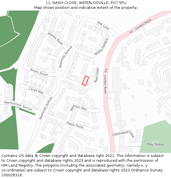 11, NASH CLOSE, WATERLOOVILLE, PO7 5FU: Location map and indicative extent of plot