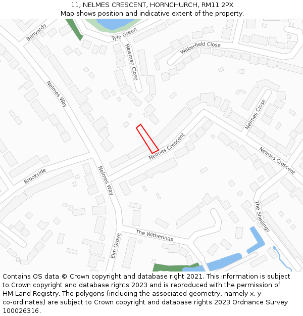 11, NELMES CRESCENT, HORNCHURCH, RM11 2PX: Location map and indicative extent of plot