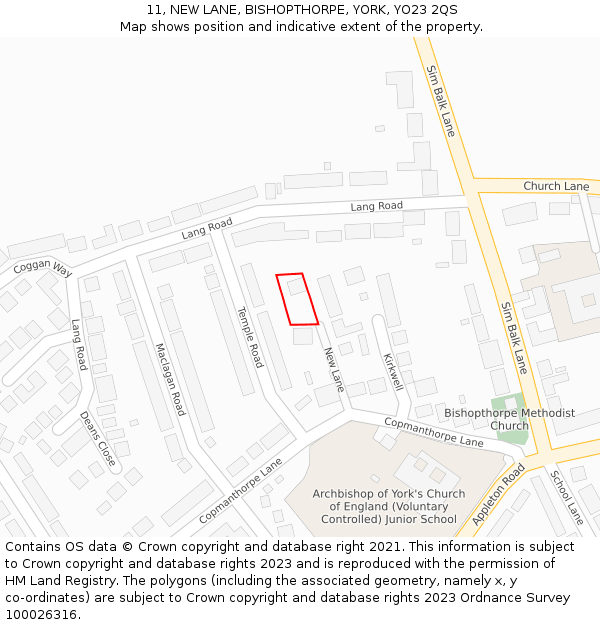 11, NEW LANE, BISHOPTHORPE, YORK, YO23 2QS: Location map and indicative extent of plot