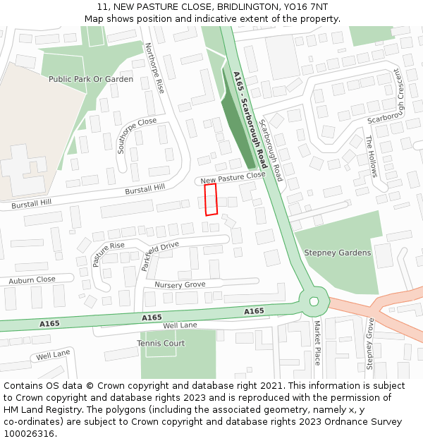 11, NEW PASTURE CLOSE, BRIDLINGTON, YO16 7NT: Location map and indicative extent of plot