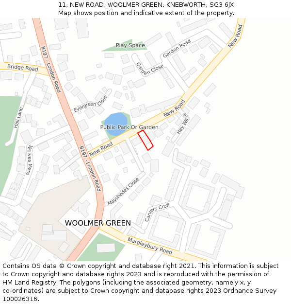 11, NEW ROAD, WOOLMER GREEN, KNEBWORTH, SG3 6JX: Location map and indicative extent of plot