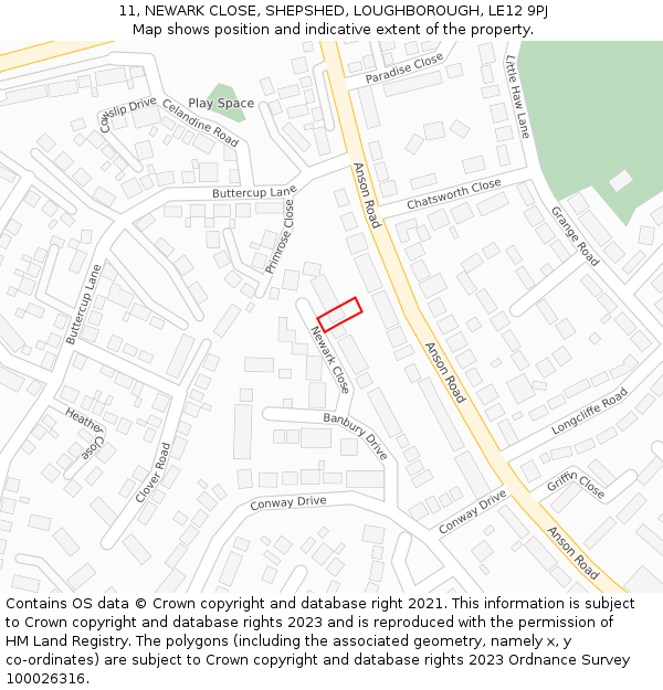 11, NEWARK CLOSE, SHEPSHED, LOUGHBOROUGH, LE12 9PJ: Location map and indicative extent of plot