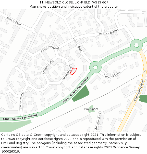 11, NEWBOLD CLOSE, LICHFIELD, WS13 6QF: Location map and indicative extent of plot