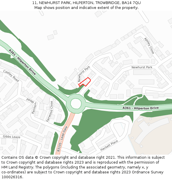 11, NEWHURST PARK, HILPERTON, TROWBRIDGE, BA14 7QU: Location map and indicative extent of plot