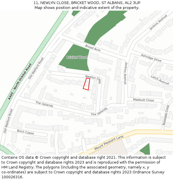 11, NEWLYN CLOSE, BRICKET WOOD, ST ALBANS, AL2 3UP: Location map and indicative extent of plot