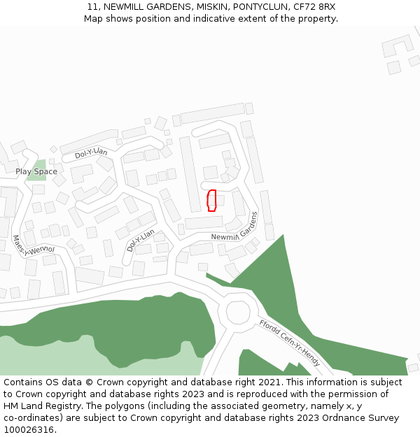 11, NEWMILL GARDENS, MISKIN, PONTYCLUN, CF72 8RX: Location map and indicative extent of plot