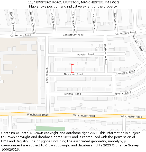 11, NEWSTEAD ROAD, URMSTON, MANCHESTER, M41 0QQ: Location map and indicative extent of plot