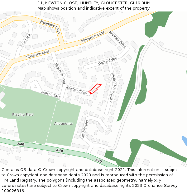 11, NEWTON CLOSE, HUNTLEY, GLOUCESTER, GL19 3HN: Location map and indicative extent of plot