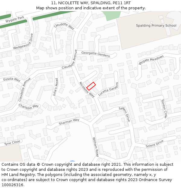11, NICOLETTE WAY, SPALDING, PE11 1RT: Location map and indicative extent of plot