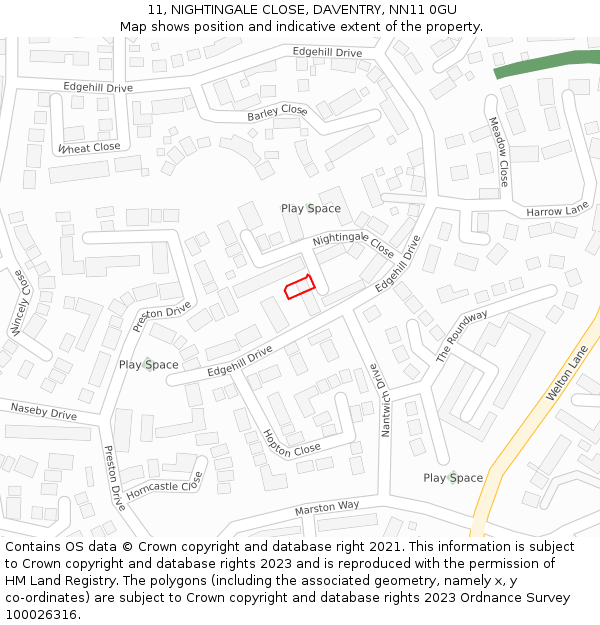 11, NIGHTINGALE CLOSE, DAVENTRY, NN11 0GU: Location map and indicative extent of plot