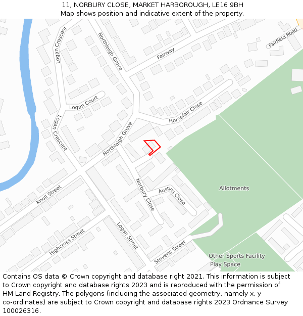 11, NORBURY CLOSE, MARKET HARBOROUGH, LE16 9BH: Location map and indicative extent of plot