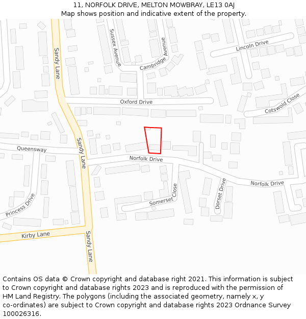 11, NORFOLK DRIVE, MELTON MOWBRAY, LE13 0AJ: Location map and indicative extent of plot