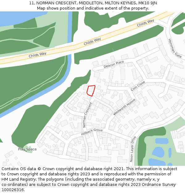 11, NORMAN CRESCENT, MIDDLETON, MILTON KEYNES, MK10 9JN: Location map and indicative extent of plot