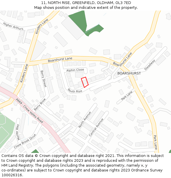 11, NORTH RISE, GREENFIELD, OLDHAM, OL3 7ED: Location map and indicative extent of plot