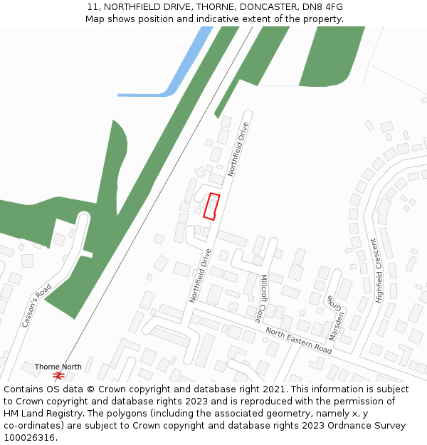11, NORTHFIELD DRIVE, THORNE, DONCASTER, DN8 4FG: Location map and indicative extent of plot
