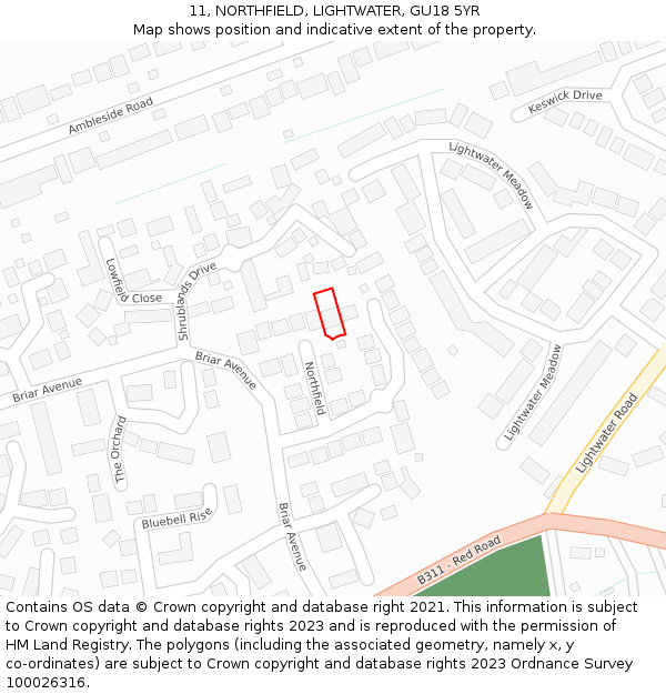 11, NORTHFIELD, LIGHTWATER, GU18 5YR: Location map and indicative extent of plot